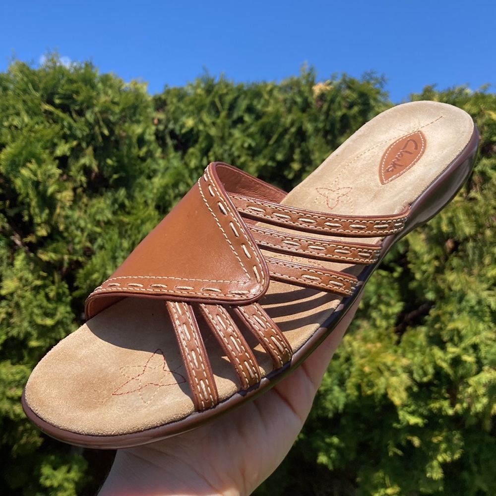 Clarks Brown Leather Slip On Multi Strap Sandal Shoes Womens Size 11M